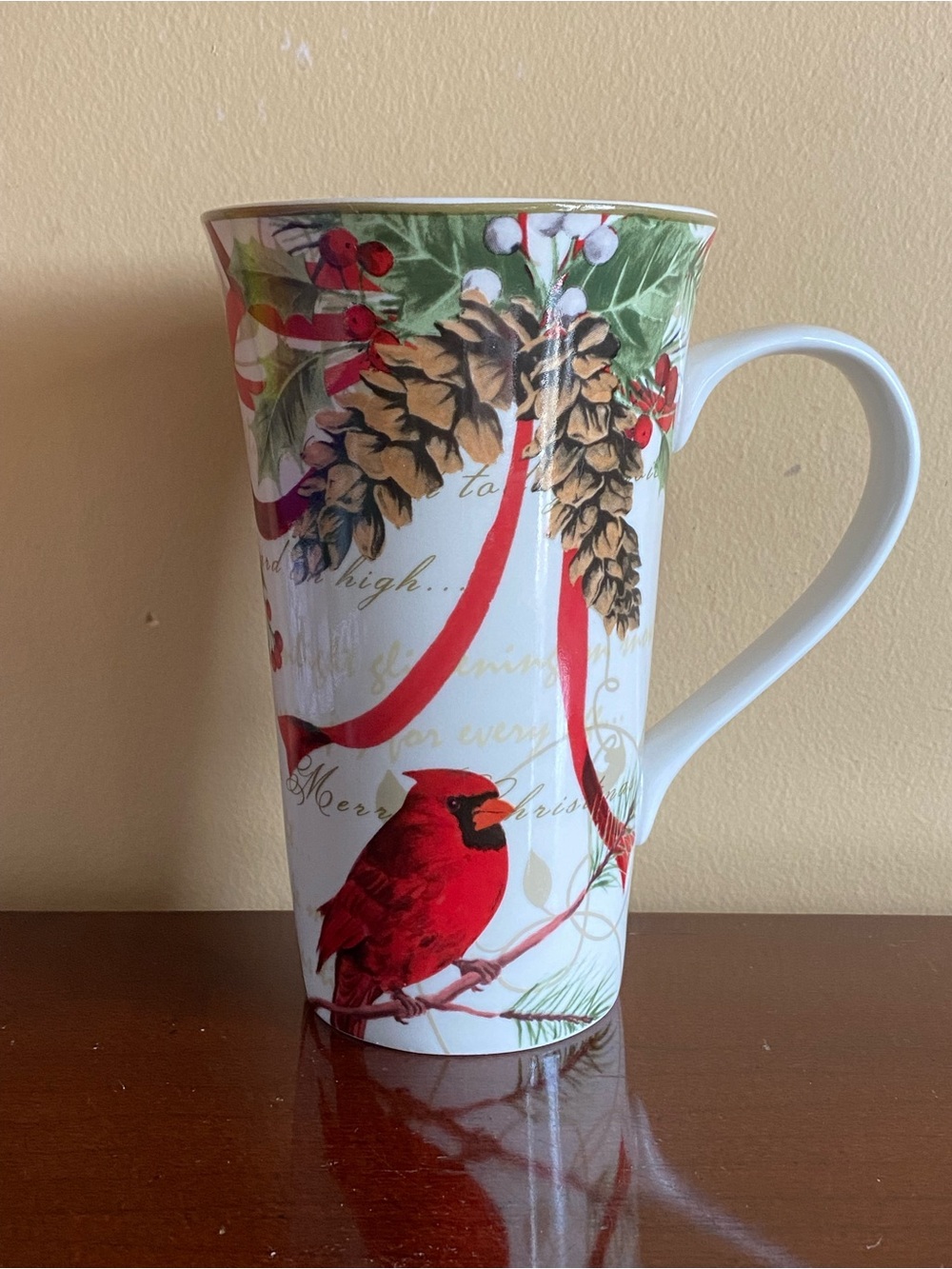 222 Fifth White Ceramic Cardinal and Poinsettia Flowers Tall Coffee Tea Mug